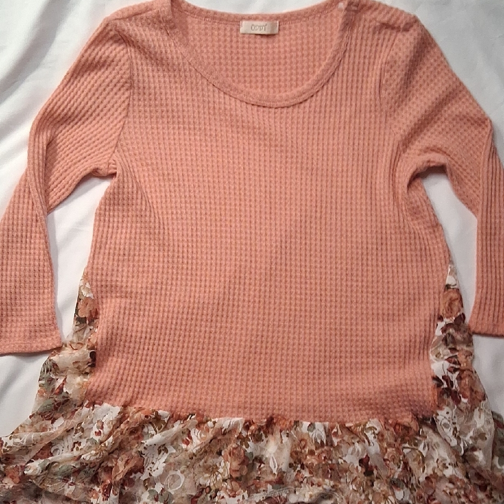 Corral Peach Waffle Knit Blouse with Floral Trim